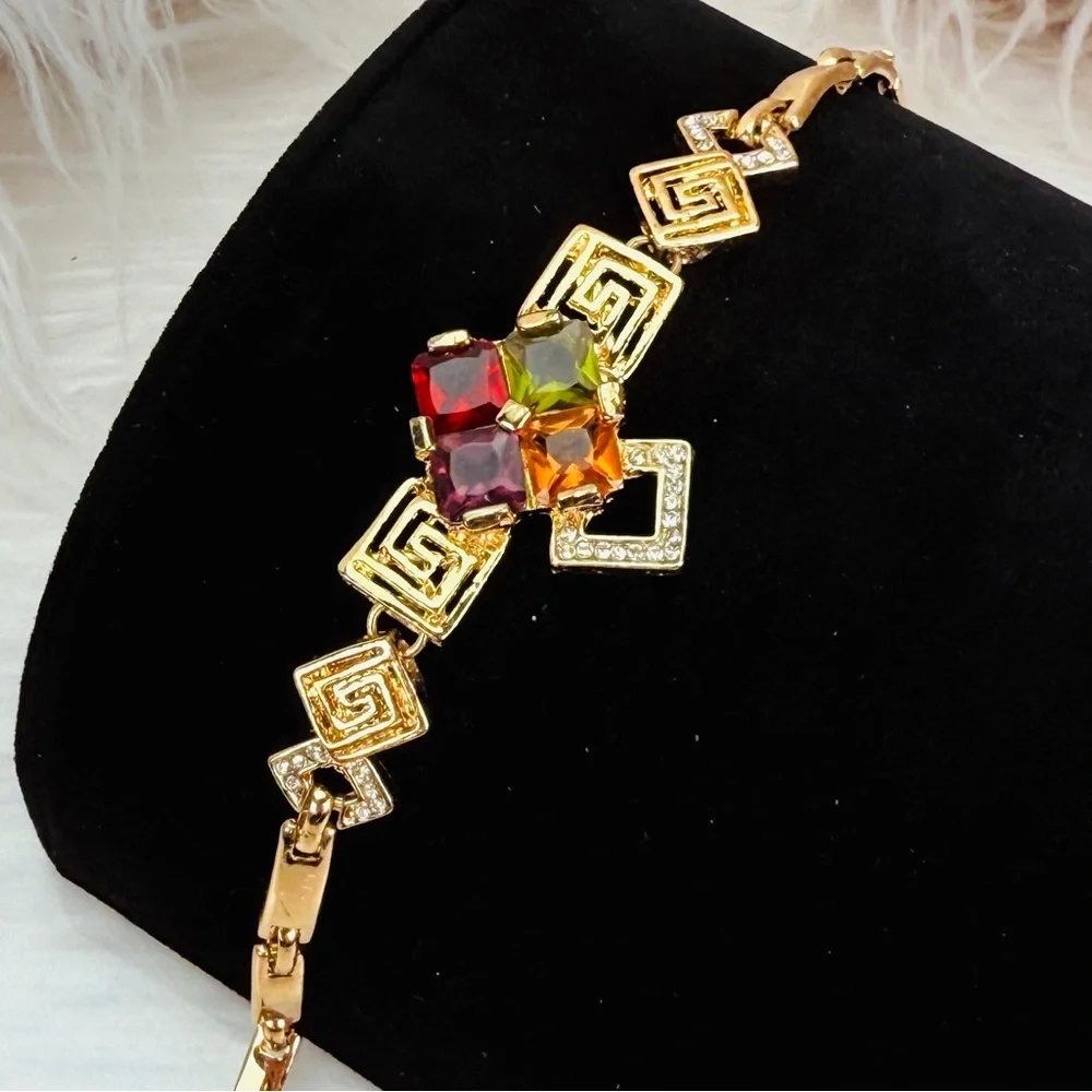 Vintage Geometric Goldtone Bracelet Multicolor Faceted Stones Greek Key Links